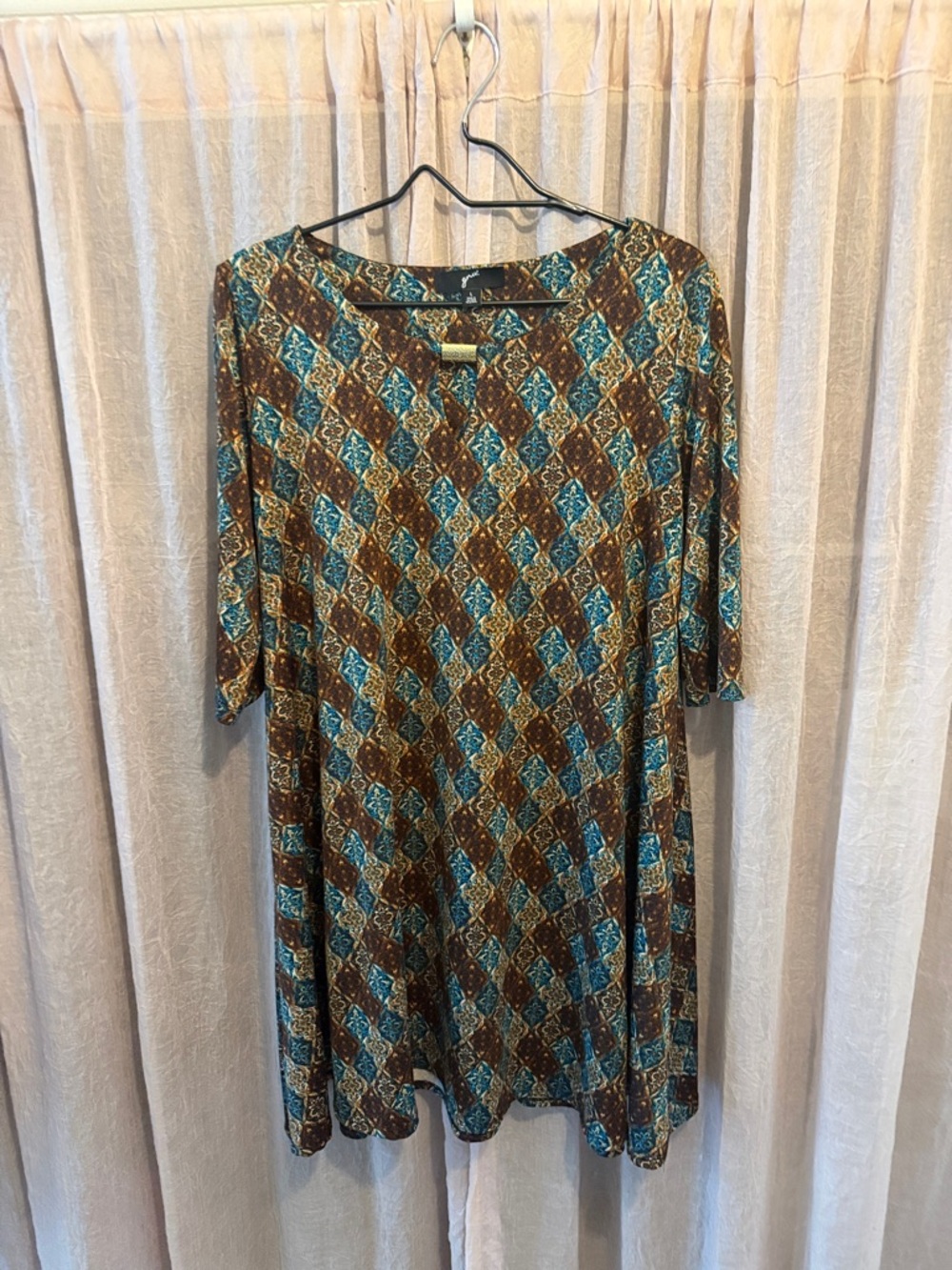 GNW Brown and Teal Diamond-Print Swing Dress